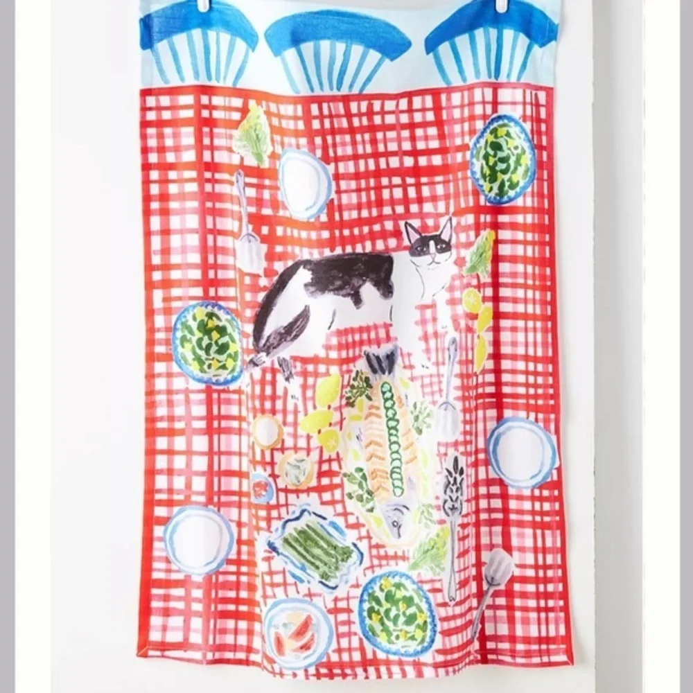 New! Anthropologie-Bright Limelight Studio Kitten Picnic Dish Towel